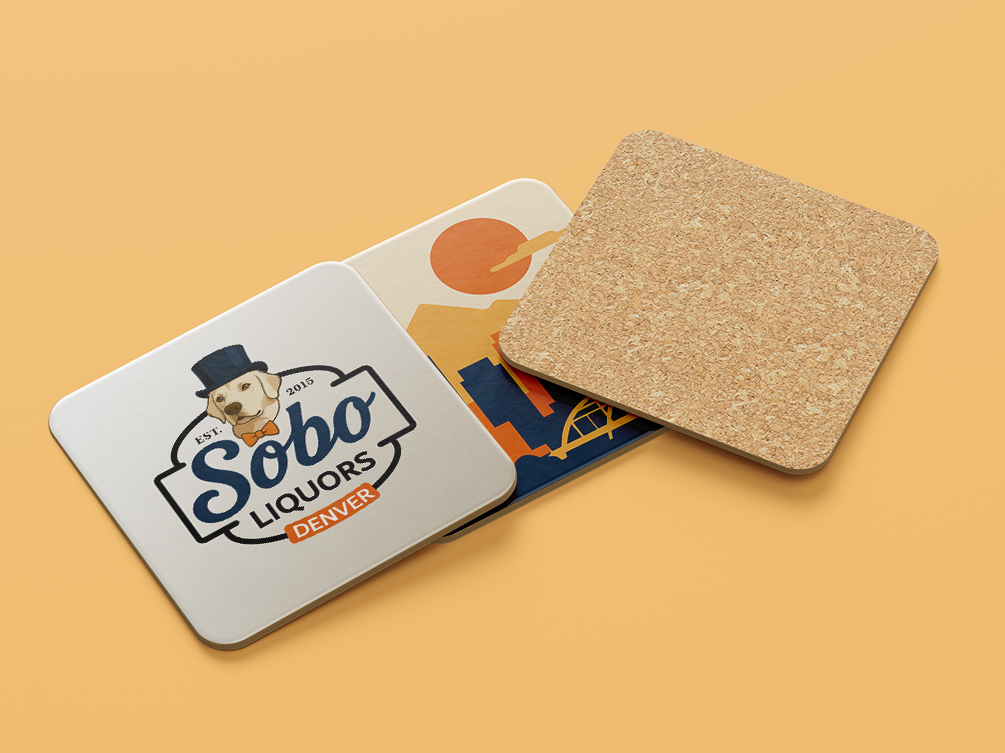 Sobo Liquors branded coasters showing the establishment date and Denver location